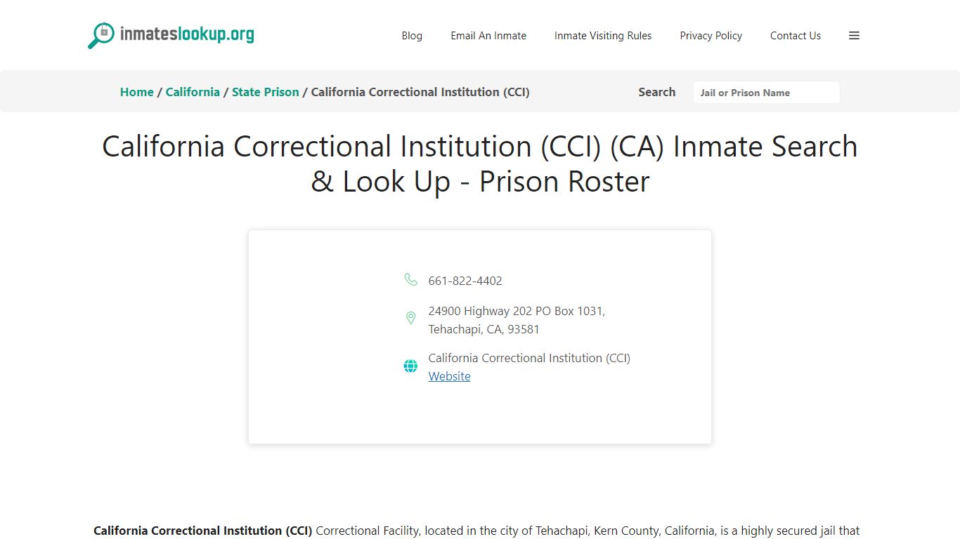 California Correctional Institution (CCI) (CA) Inmate Search & Look Up ...